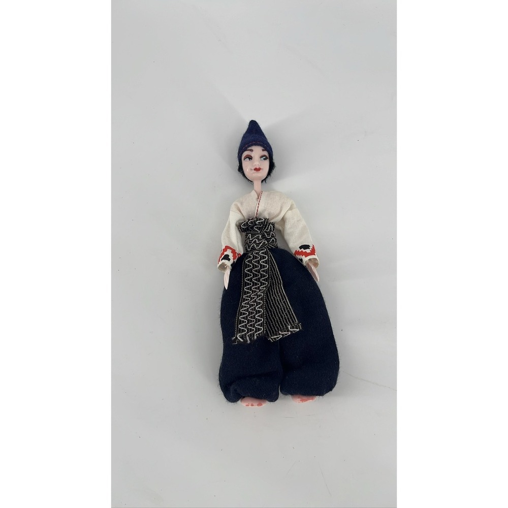 Folk Art Doll Blue Hat White Top Black Pants Fabric‎ Belt